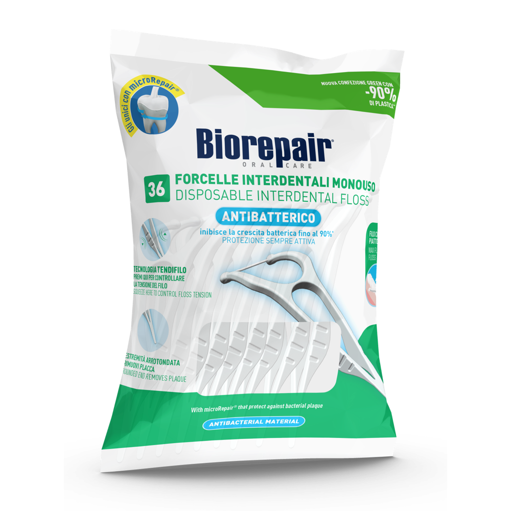 خيوط تنظيف الأسنان الجاهزة حماية بكتيرية 90 % وتقنية microRepair لابتسامة نظيفة ومحمية من BIOREPAIR