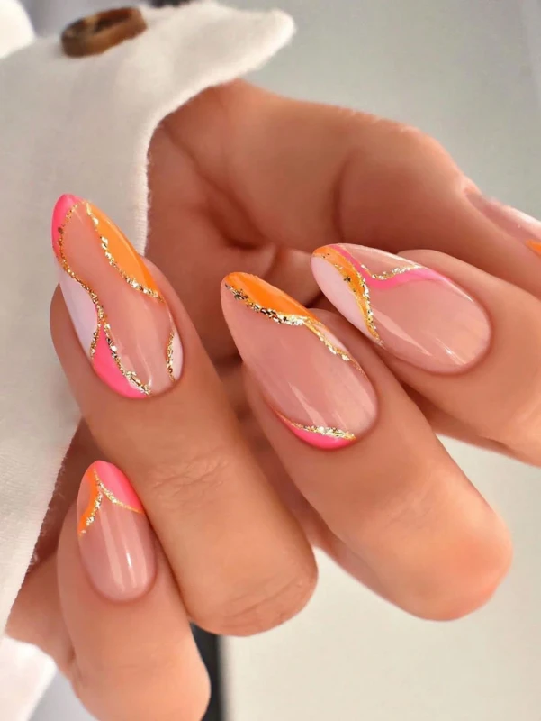 أظافر لاصقة بألوان وردية وبرتقالية مع لمسات لامعة ( 24 قطعة )