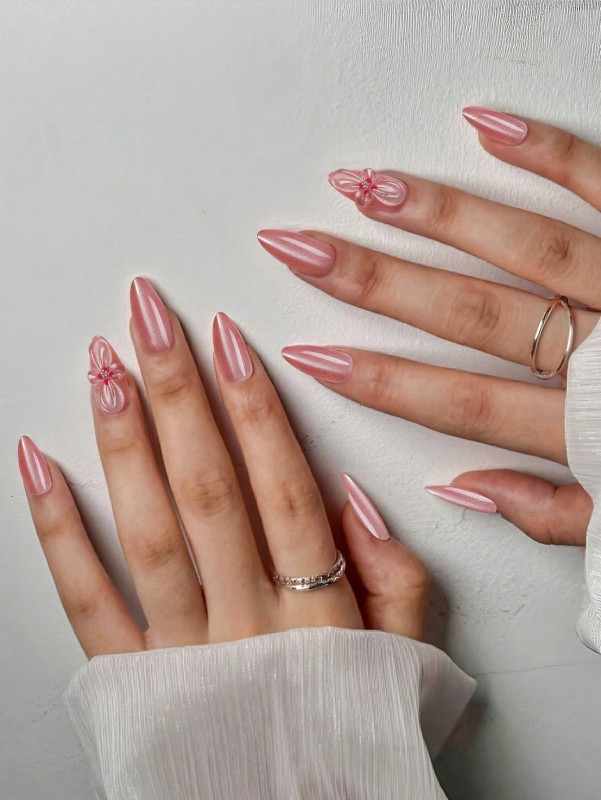 أظافر لاصقة بتصميم "عين القط" بلون الخوخي المزينة بفيونكات (24 قطعة)