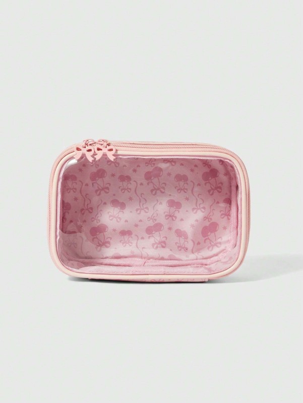 حقيبة مكياج وردية شفافة بنقشة الكرز - أناقة وتنظيم لمستحضراتكِ