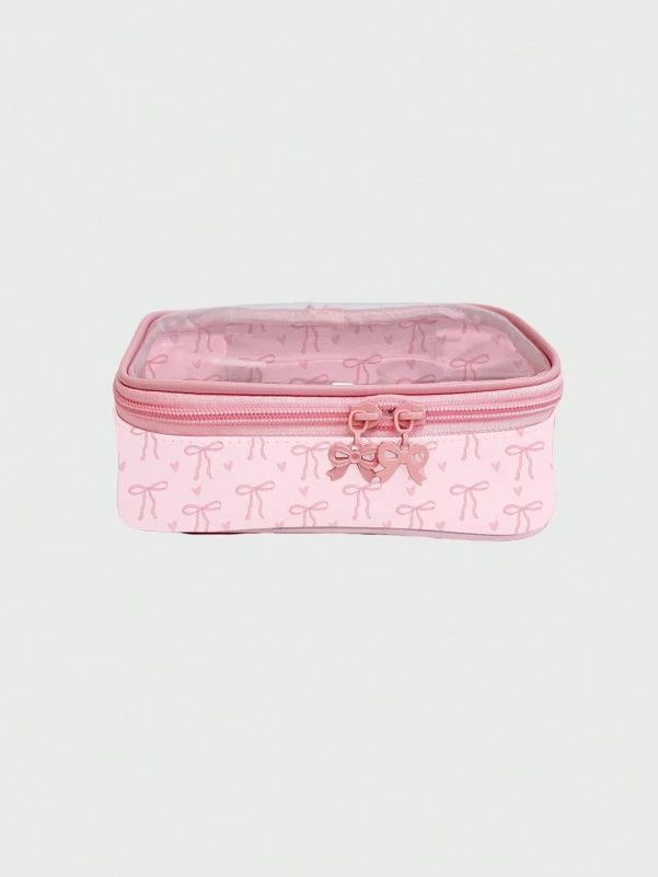 حقيبة مكياج شفافة بفيونكات وردية - لمستحضراتكِ الجمالية بلمسة رقيقة