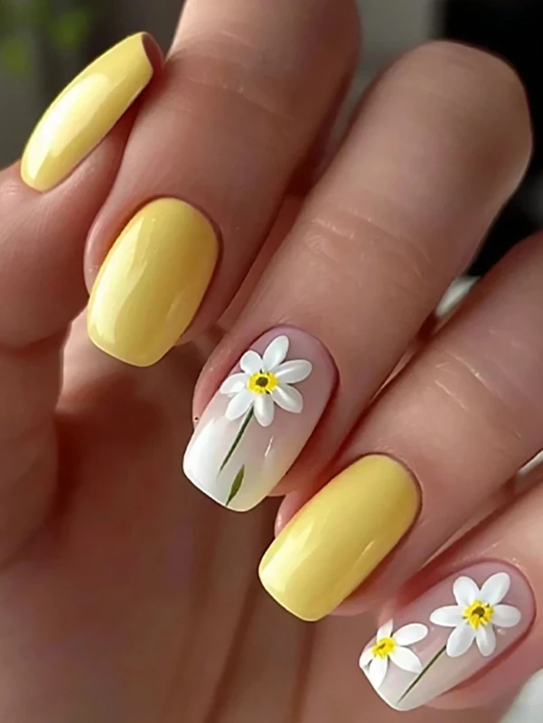 مجموعة أظافر صناعية صفراء بتصميم زهور الربيع (24 قطعة)