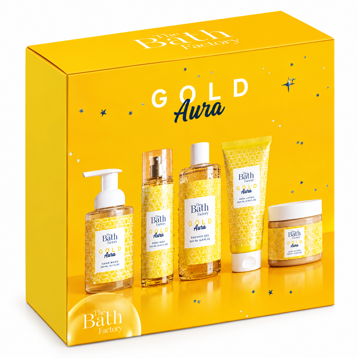 روتين متكامل للعناية بالجسم برائحة Gold Aura مكون من 5 قطع من THE BATH FACTORY