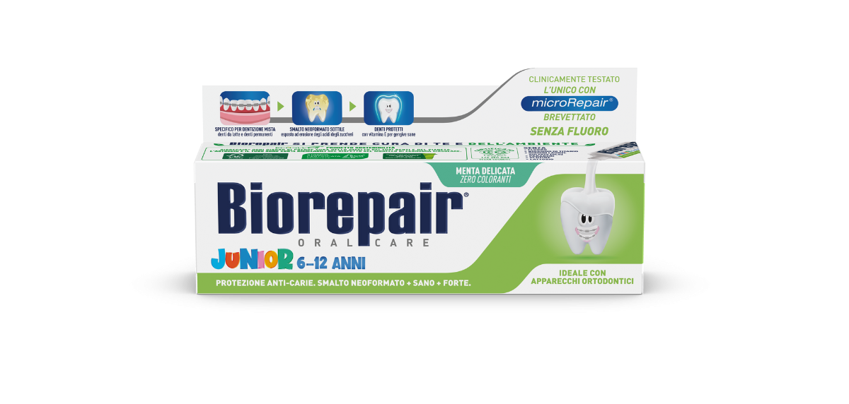 معجون أسنان للاطفال من (6-12 سنة) حماية شاملة لمينا الأسنان النامية بتقنية microRepair وخالٍ من الفلورايد من BIOREPAIR
